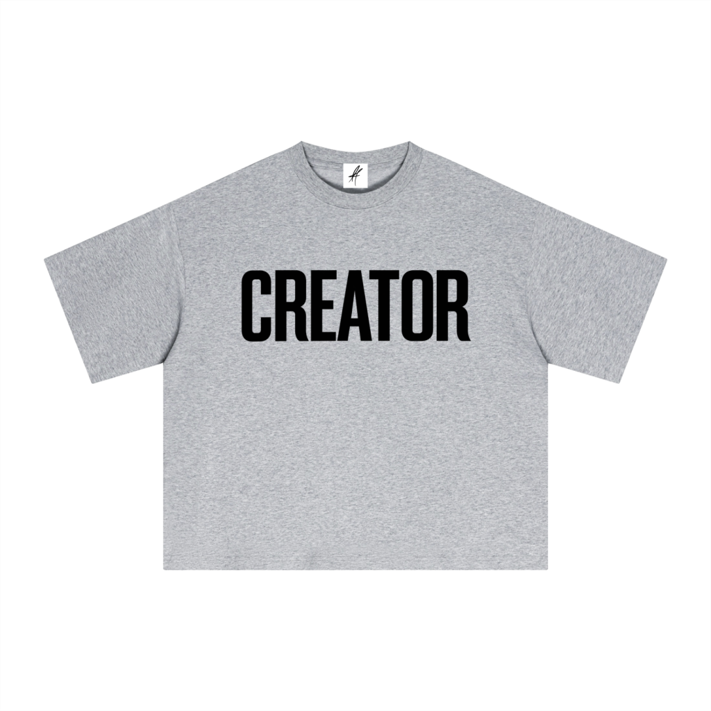 Gray Creator T-shirt with black lettering and Luis Ferrer signature neck label