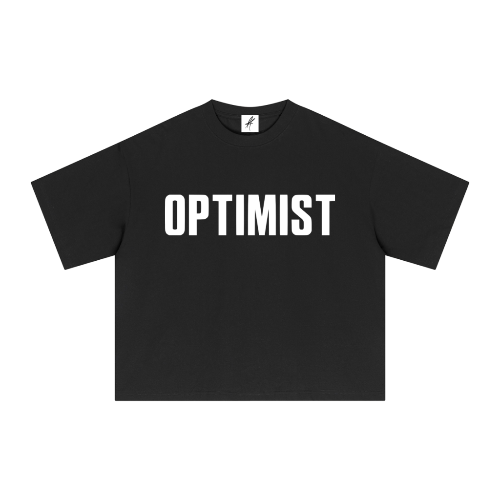Black Optimist T-shirt with white Ferrer lettering, rendered by Tapstitch